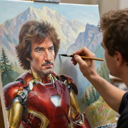 a closeup photorealistic photograph of bob ross diligently finishing a canvas painting featuring iron man. mountains and trees. film still. brightly lit scene. this 4 k hd image is trending on artstation, featured on behance, well - rendered, extra crisp, features intricate detail, epic composition and the style of unreal engine.