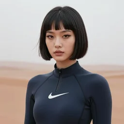 parting of the red sea, youthful asian blade runner demure, 3 5 mm, realistic face with exquisite features, feminine cut, pris mascara, nike neoprene suit, misty, roger deakins, id magazine photoshoot