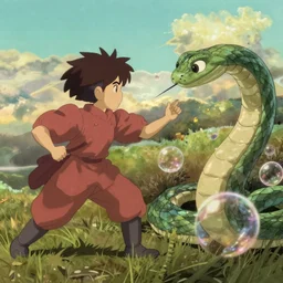 unrealistic studio ghibli dull colors action shot from close encounters of the third kind 1 9 7 7 of a warrior battling a snake bubble.