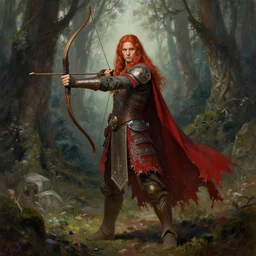a painting of an elven archer with long red hair holding a bow, ancient forest in the background, wearing elven tribal ornamented armor, red ragged cape, full body concept, beksinski, weta workshop concept art, ruan jia
