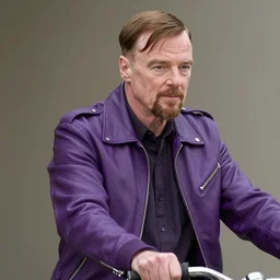 walter white riding jesse pinkman, and a purple coloured leather jacket, one side haircut, long brown hair with light blue ends, portrait, hyperdetailed, artstation, cgsociety, synthwave by tangerine dream, by jean - michel jarre, by vangelis, by john carpenter