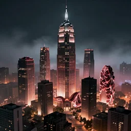 city made of meat, night time, foggy, eerie lighting, 4k, unreal engine, artstation, photorealistic