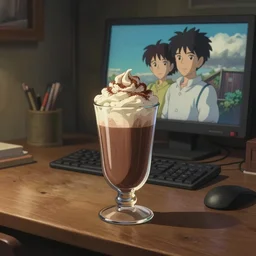 beautiful scene render of a hot chocolate drink in a tall glass with cream on top and cocoa powder, computer monitor, wooden computer desk, dimly lit bedroom, perfectly shaded, atmospheric lighting, style of makoto shinkai and peter mohrbacher, studio ghibli. artgerm, karol bak, beeple, animation style, 8 k hd, ultra wide angle, hyper detailed