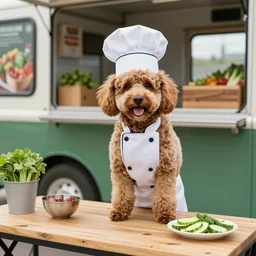a cavoodle in a chef outfit working on a vegan food truck