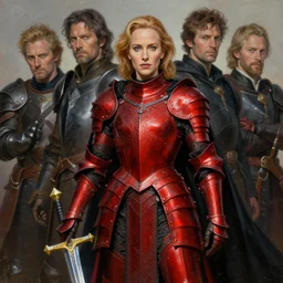 A painting of Gillian Anderson  wearing a intricate red  armor with a black cloak  and holding Excalibur by Stanley Artgerm Lau, james gurney, james jean, greg rutkowski, anato finnstark. hyper detailed