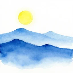 water color painting of layered blue mountains with a white background and a bright yellow sun in the style of bob ross.