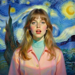portrait of a beautiful girl, intense psychedelic trip, sixties clothes, pastel colors, beautiful face, rule of thirds, spotlight, expressive, passionate, by mandy jurgens, by vincent van gogh, digital painting