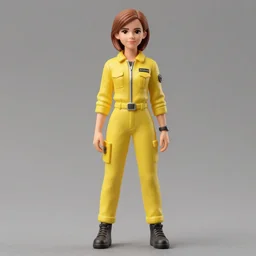 accurate detail emma watson in yellow jumpsuit figurine, studio lighting, grey background, no shadow, trending on artstation, 8 k, highly detailed!!!