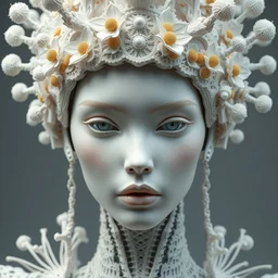 complex 3 d render hyper detailed ultra sharp beautiful futuristic stunning biomechanical humanoid woman close - up with porcelain ivory face, iris van herpen daisies corals filigree lace cyberpunk haute couture headdress with rhizomorph finials spires, brackets, fractal embroidered puffballs, octane render, 8 k