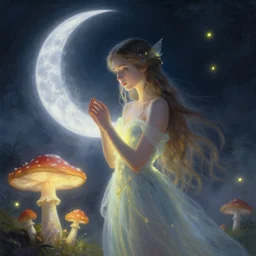 attractive, fairy, woman, in the night, fantasy, crescent moon in background, luminous, toadstools, fireflies, fantasy, mist, highly detailed painting, fine lines, light rays, mid shot, 8 k realistic, sharp focus