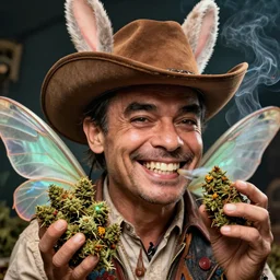 hyper realistic, close up portrait of a mega derpy cowboy with fairy wings, mr. bean, big chungus, with bunny ears, smoking massive amounts of weed, big smile, chunk teeth, by greg rutkowski, scott m fischer, artgerm, loish, slight glow, atmospheric, anne stokes, alexandros pyromallis, brian froud, 4 k, 8 k