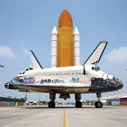 a photo of a space shuttle full of graffiti, photorealism, wide shot