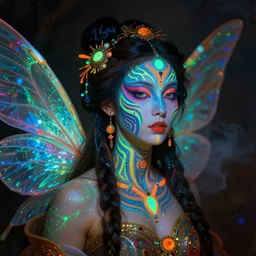 a baroque neoclassicist close - up portrait of a colorful retrofuturistic blacklight uv cyborg alien fairy goddess with tribal facepaint and iridescent wings. glowing fog in the background. renaissance portrait painting. highly detailed science fiction painting by norman rockwell, frank frazetta, and syd mead. rich colors, high contrast, gloomy atmosphere, dark background. trending on artstation