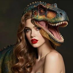 portrait of a dinosaur dressed up as a beautiful woman, pretty, intimate, red lipstick, wig, eyelashes