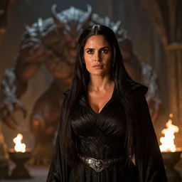 epic photo of salma hayek as beautiful wizard wearing a black satin robe and metal belt in lord of the rings with long straight black hair fighting the terrifying monstrous balrog in the mines of moria, sweaty, detailed eyes, neutral expression, shallow depth of field, photorealistic, cinematic lighting, lovely bokeh, dungeon setting, dark moody light, strong rim light, movie quality, fire light, flames, lord of the rings 1 9 8 5, movie still