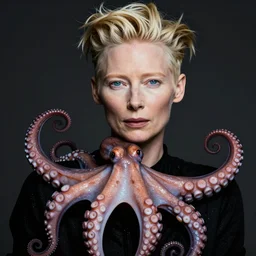 closeup studio photograph of tilda swinton mixed with an octopus, dramatic lighting, edited in photoshop