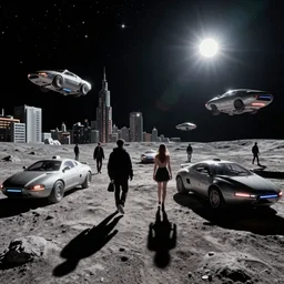 photo of citizens that walk past plasma vehicles, on the Moon, long shadows, in a Russian cyberpunk city called Neo Norilsk on the Moon, pitch black sky with stunning bright stars, bright sun, diverse outfits, lively, freaky, black sky full of stars, blinding bright sun, sci-fi, lots of flying cars, levitation, cyberpunk outfits, photorealistic, grainy, 35mm, intricate, very very beautiful, elegant, smooth, cinematic, Unreal Engine 5, by Beeple, trending on Artstation HD