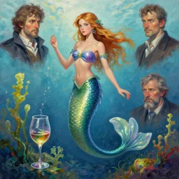 Mermaid, Wineglass, Algae. Trending on ArtStation and Pixiv. A vibrant digital oil painting. A highly detailed fantasy character illustration by Wayne Reynolds and Charles Monet and Gustave Dore and Carl Critchlow and Bram Sels