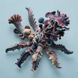 an exotic large sea creature with weird organs and varying colours, plain light blue background, dslr, very detailed, soft light, in the style of nick cave