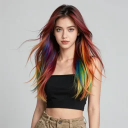 a award winning half body portrait of a beautiful woman with stunning eyes in a croptop and cargo pants with rainbow colored ombre hairstyle head in motion and hair flying by thomas danthony, outlined by whirling illuminated neon lines, sunglasses, outrun, vaporware, shaded flat illustration, digital art, trending on artstation, highly detailed, fine detail, intricate