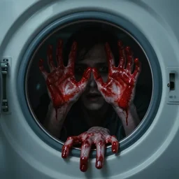 a creepy picture of bloody hands trying to exit the washing machine with bloody handprints, and a face of a man ( only his nose and mouth are seen ) is shown with a white face. the interior of the washing machine is way too dark for the man to be seen.