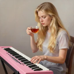 highly detailed painting of beautiful russian girl with long blond hair playing a pink keyboard with a cup of tea, realistic,