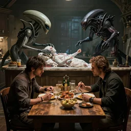 two men eating dinner in an old kitchen while an alien autopsy is happening by hr giger, greg rutkowski, luis royo and wayne barlowe as a diablo, resident evil, dark souls, bloodborne monster : : hyper realistic, ultrarealistic, realism, photoreal, 8 k : :