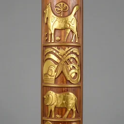 vertical rod wood carved in relief, gold color with aboriginal motifs of northern Patagonia, animals and nature of the patagonian aboriginal by miguel angel, framed view