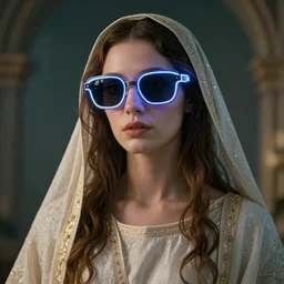 A beautiful portrait of Maria the mother of jesus, neon sunglasses, cyberpunk, photorealistic, detailed, soft light, ((alphonse mucha)), greg rutkowski, irwin penn, 8k, high definition, cinematic shot