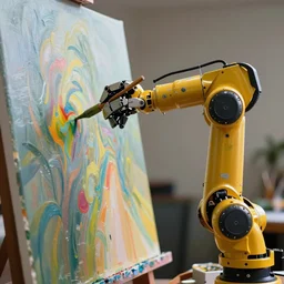 an high resolution photo of a robot arm paiting a picture on a canvas, hyper detailed, photography, realistic art, 8 k, unreal engine, octane render, cinematic