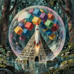 pov hyperrealist, dull colors, interior shot from howls moving castle 2 0 0 4 of a scientist rocketing into a multicolored cubic bubble in a flooded woodland stonehenge pyramid. bubble.