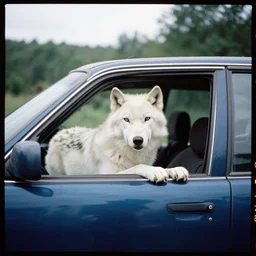 Kodak Portra 400 style full body image of a white wolf driving a car