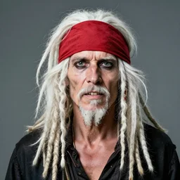 an old skinny pirate with white white white dreadlock hair, crooked teeth, wearing a red headband and black hat, one eyepatch very detailed painting featured in artstation, concept art by Greg Rutkowski, WLOP, Dan Mumford, Christophe Vacher