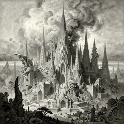 extremely detailed landscape of the mountain city! spires and towers of unnatural shape and surreal size ) of underworld dreams by roger deakins, norman ackroyd, karl blossfeldt, cinematography, photo, oil painting, monochrome watercolour, lithograph