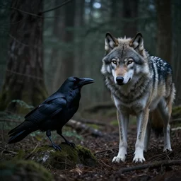 mixture between an!! crow and! wolf, photograph captured in a dark forest