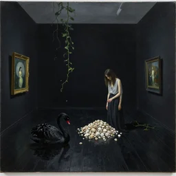 painting of a flooded art gallery room at an art gallery, zen, black walls, japan black wooden floorboards, a tall emo woman counting a pile of seashells in a dark room, a black swan, sensual, vines coming from puddles, surrealist, by magritte and monet