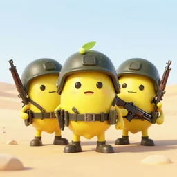 lemon characters with military helmets and guns, hd, digital art, in the desert