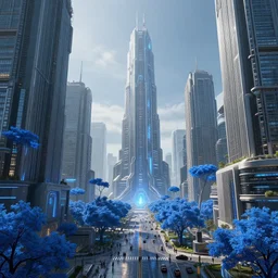 dystopian mega city, neo-brutalist buildings, by Leon Tukker, Makoto Kobayashi, synthetic light, blue trees, people on the streets, utopia, perfect, futuristic, 8k high detail, masterpiece, trending on ArtStation