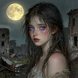 A beautiful picture of a blue eye suicidal girl against the background of ruins of a destroyed city and a yellow-red moon, rainy atmosphere, natural volumetric light, intricate, highly detailed, digital painting, artstation, concept art, sharp focus, illustration, art by greg rutkowski and alphonse mucha