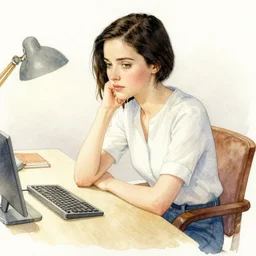 beautiful insanely intricate watercolor illustration of eva green sitting at her desk deep in thought by william turner art, by greg rutkowski, by james jean, by rossdraws, by frank franzzeta, by sakimichan, trending on artstation, insanely detailed, masterpiece,