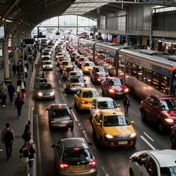 traffic jam!!!, train station, public transport, delays, chaos!, photograph, photorealistic