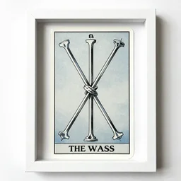 the five of wands tarot card as drawn by studio ghibli, whole card, white frame