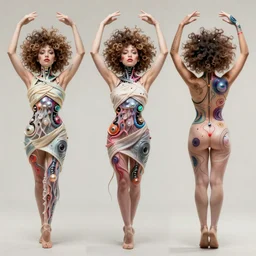 Vass Roland cover art body art electronic ballerina arms up softcore hand holistic afro animal machine cables android gen behind head pose future bass girl unwrapped dress smooth body unfolds statue bust curls of hair petite lush front and side view body photography model full body curly jellyfish lips art contrast vibrant futuristic fabric skin jellyfish material metal veins style of Jonathan Zawada, Thisset colours simple background objective