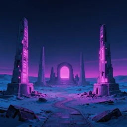 ancient neon ruins in the tundra,retrowave art, trending