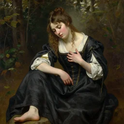 portrait painting by Edmund Blair Leighton of a beautiful young woman in medieval clothes, looking down at her feet with a confused expression, touching her waist with one hand and her chest with the other hand, forest in the background, 4k oil on linen by Edmund Blair Leighton, highly detailed, soft lighting 8k resolution