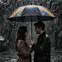 umbrella under a heavy rain, a couple under the umbrella, a rainbow comes from the umbrella and goes down, between the couple, high contrast, the background is very dark, unreal engine 5, artstation winner, 8k, octane render, high contrast, impressionist post effect applied
