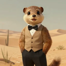 Character portrait of a happy furry anthro weasel wearing a tan vest, bowtie, black slacks in the desert wilderness, intricate, elegant, highly detailed, digital painting, artstation, concept art, smooth, sharp focus, illustration, art by Krenz Cushart and Artem Demura and alphonse mucha