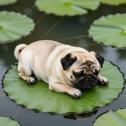 adorable pug sleeping on a lily pad leaf in a dark pond, detailed illustration in dotted, black and white, in the style of gustave dore's dante's inferno.