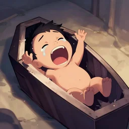 a shade bursts out of its coffin rocking with laughter as it tries to wake its sleeping body, causing its eyes to tear up and its mouth to open wide, digital art