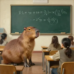 old painting of a wisdom capybara teaching a math class at university